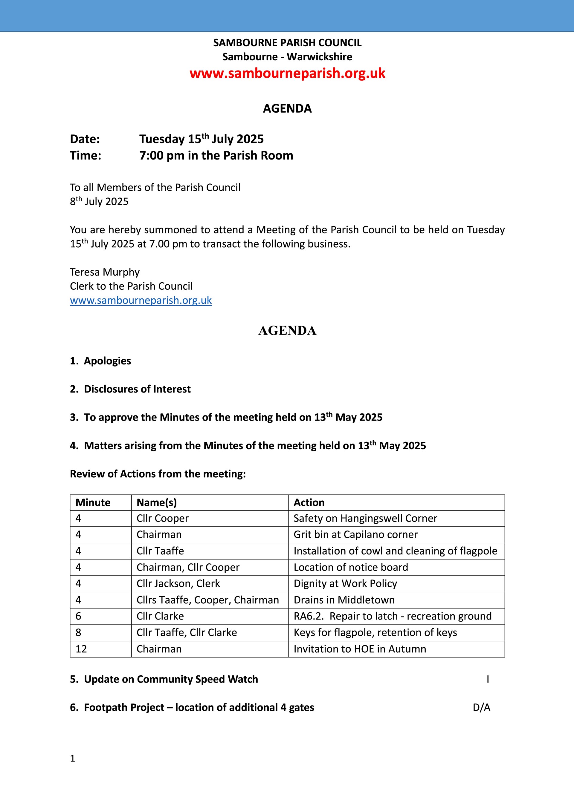 Sambourne Parish Council Agendas Sambourne Parish Council Agendas
