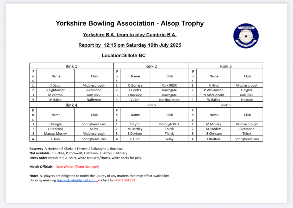 Yorkshire Bowling Association Cumbria v Yorkshire 19th july 25
