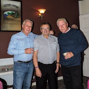 Eastney Bowls Club 2017 Presentation Evening. The President, Roger Wood presenting Dave Watkins and Bryan Cherry with their runner-up award for the club Pairs competition.