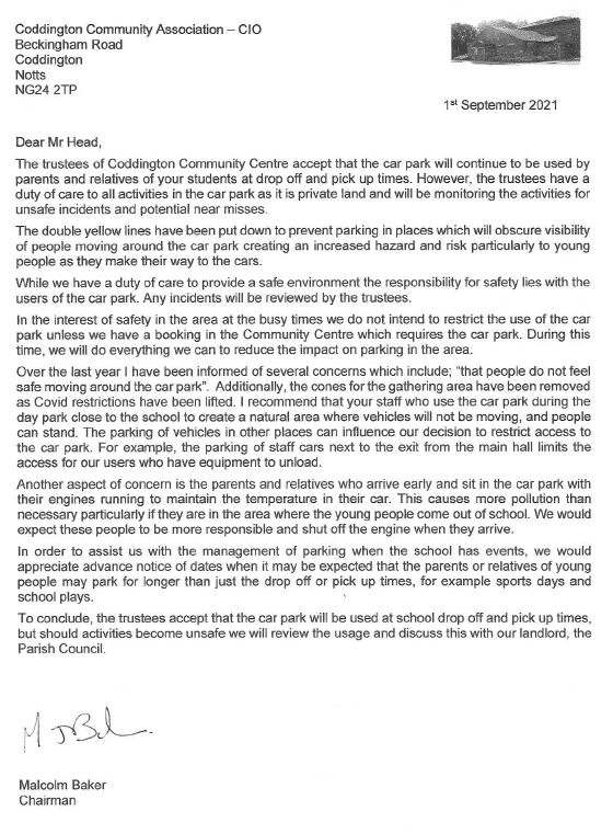 Letter regarding parking at Coddington Community Centre