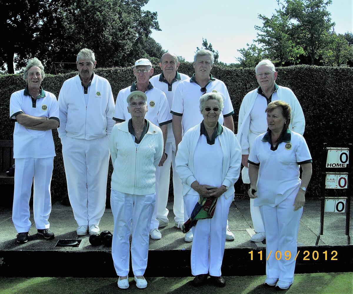 The Team prior to the Play-Off Final at Old Basing. Left to right, John Maycock, Graham Tompkins, Fred and Dot Brown, Dave James, Ian Bowman, Mary Sykes, Frank Parish and Elaine Bowman. The Team prior to the Play-Off Final at Old Basing. Left to right, John Maycock, Graham Tompkins, Fred and Dot Brown, Dave James, Ian Bowman, Mary Sykes, Frank Parish and Elaine Bowman.