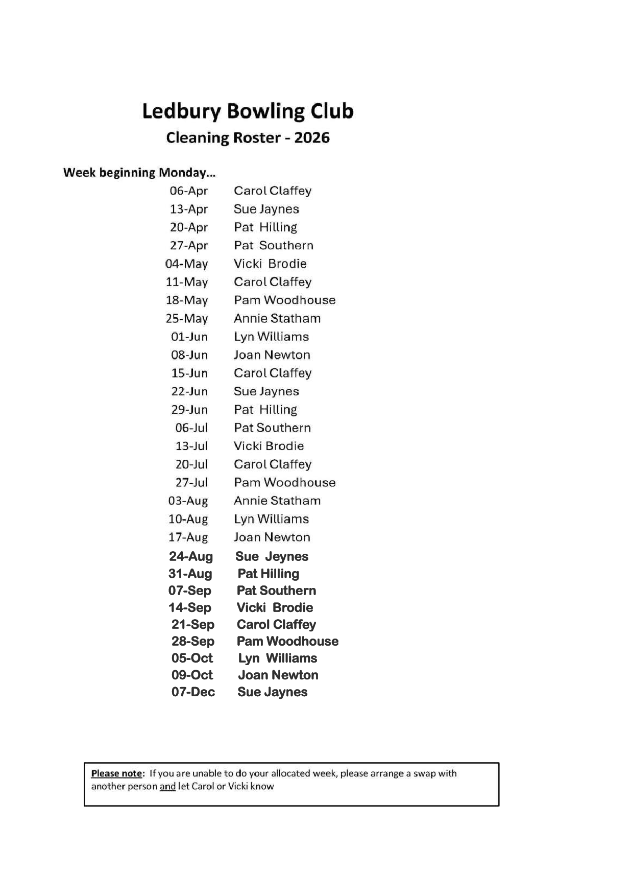 Ledbury Bowling Club Cleaning Roster