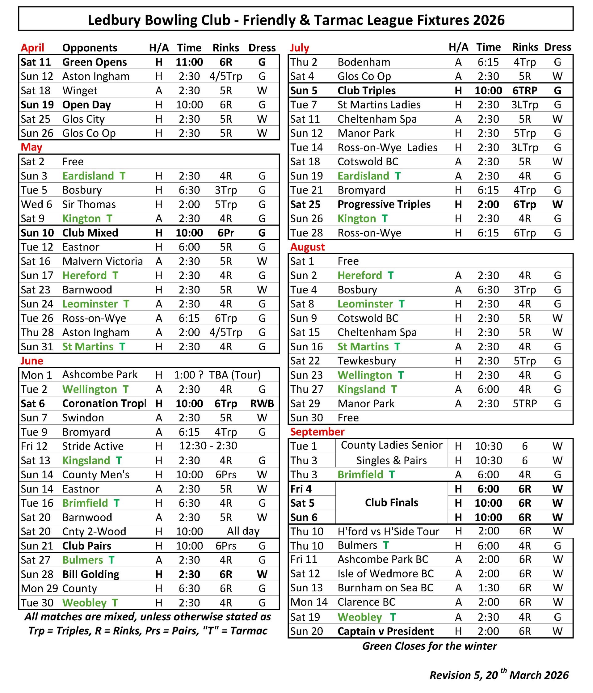 Ledbury Bowling Club Friendly & Tarmac League Fixtures