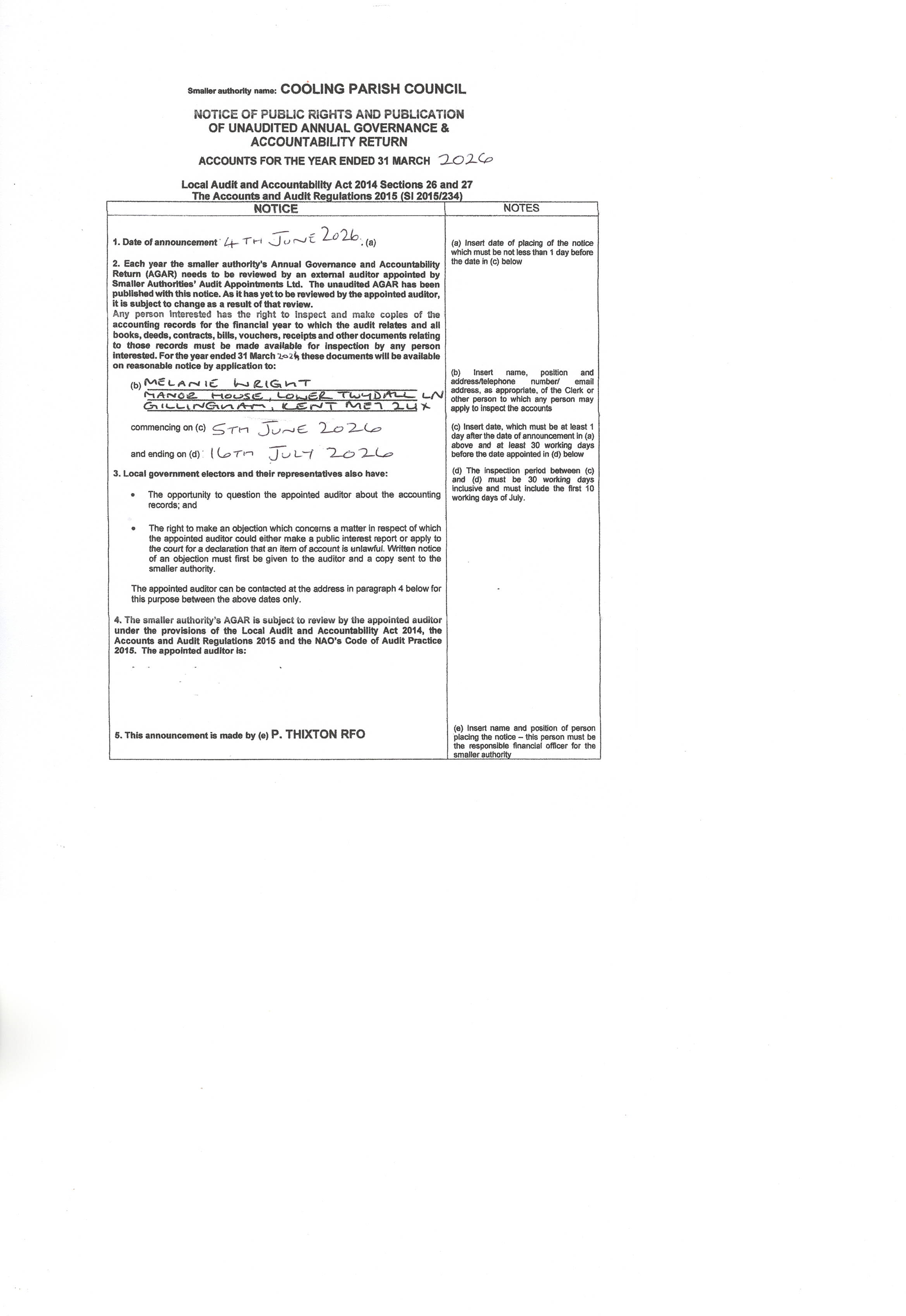Cooling Parish Council ACCOUNTS 2025-2026