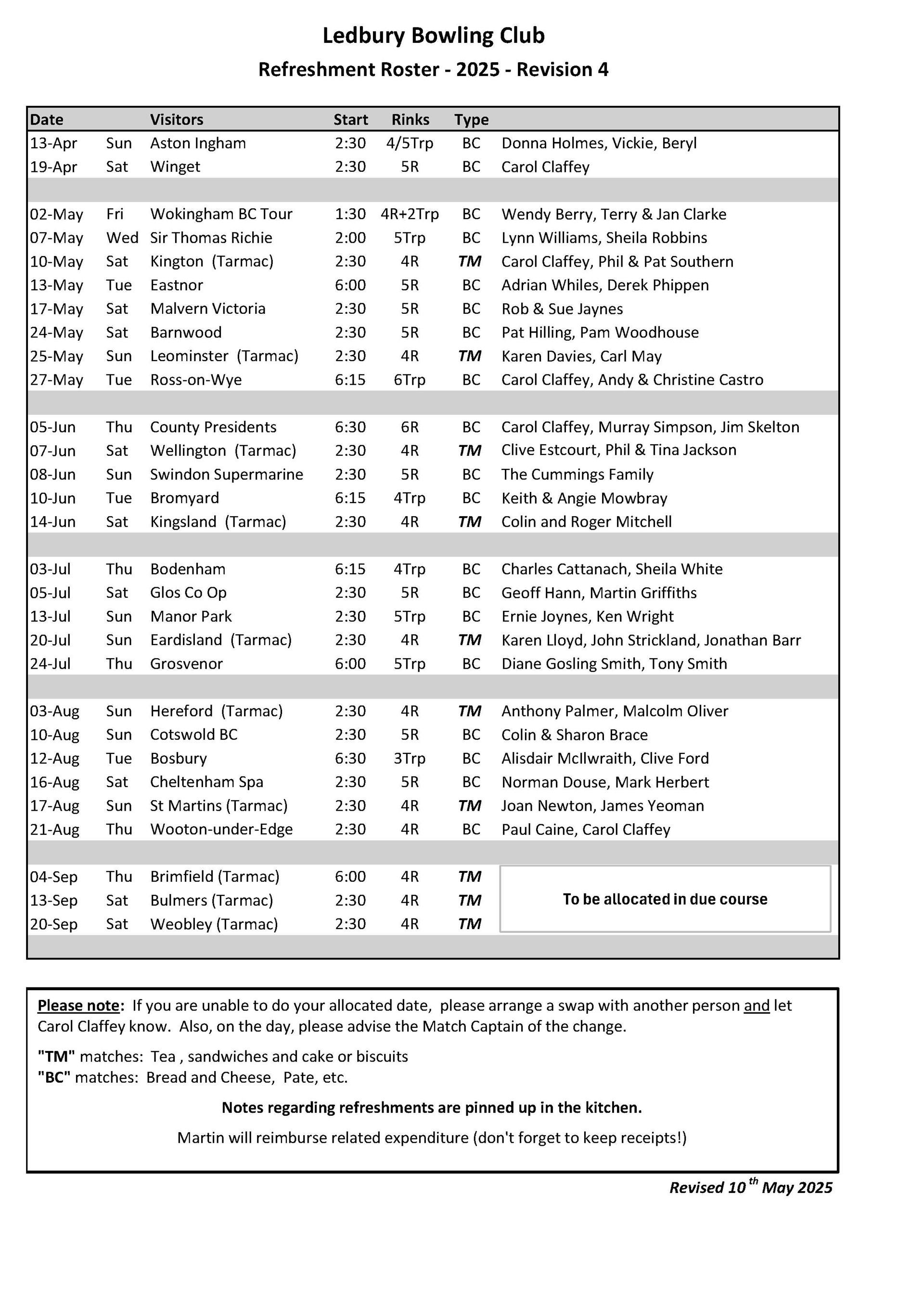 Ledbury Bowling Club Refreshment Roster
