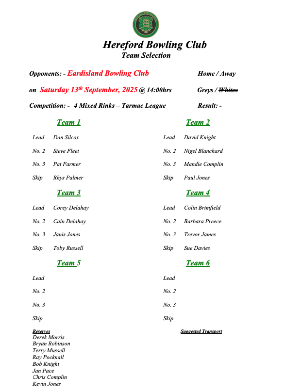 Hereford Bowling Club Eardisland - Tarmac League - 13/09/25