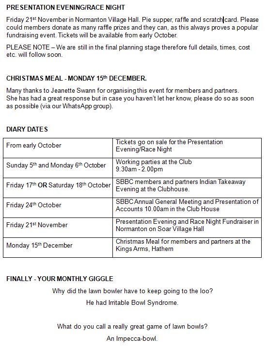 Sutton Bonington Bowls Club Club Newsletters