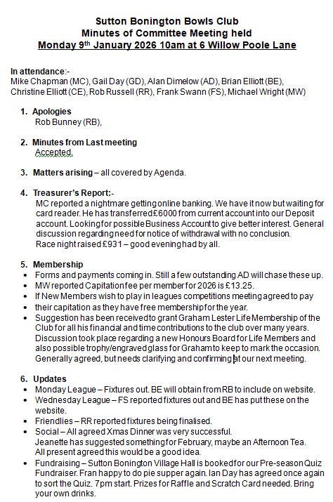 Sutton Bonington Bowls Club Committee Meeting Minutes