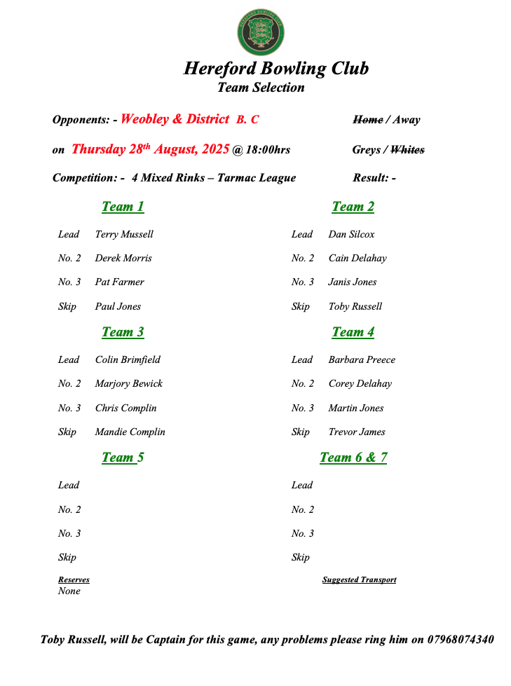 Hereford Bowling Club Weobley - Tarmac League - 28/08/25