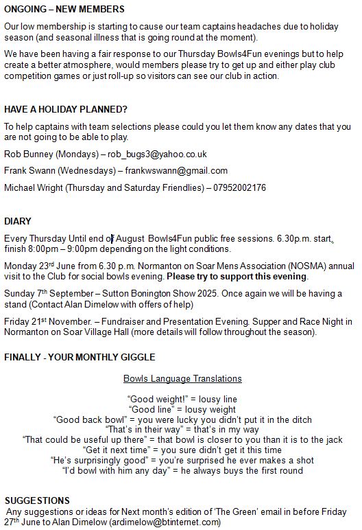 Sutton Bonington Bowls Club Club Newsletters
