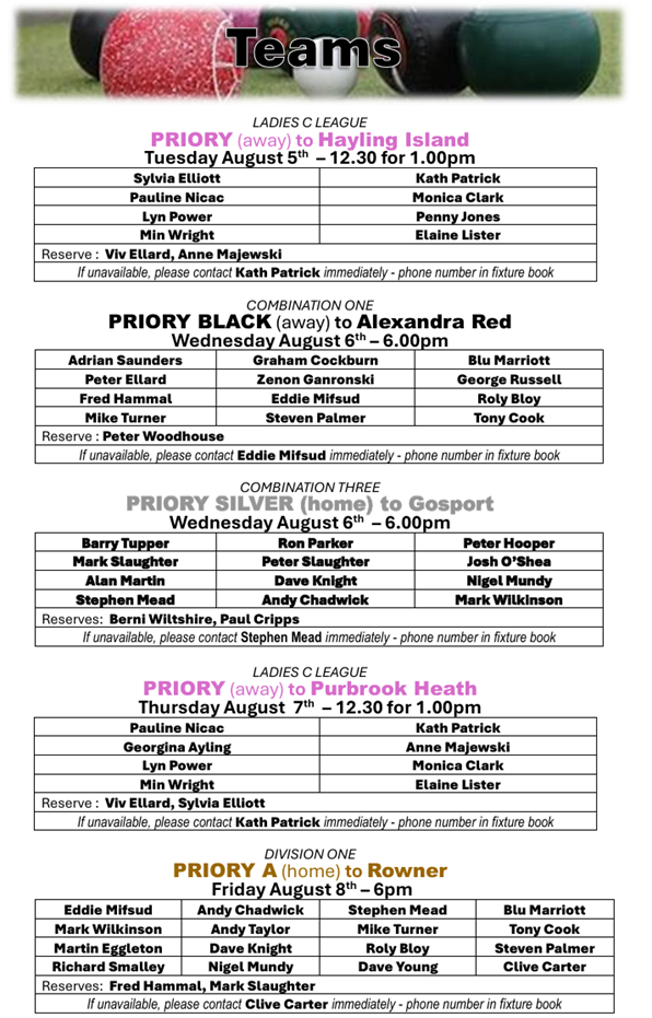 Priory Bowls Club Teams for week beginning: 4th August