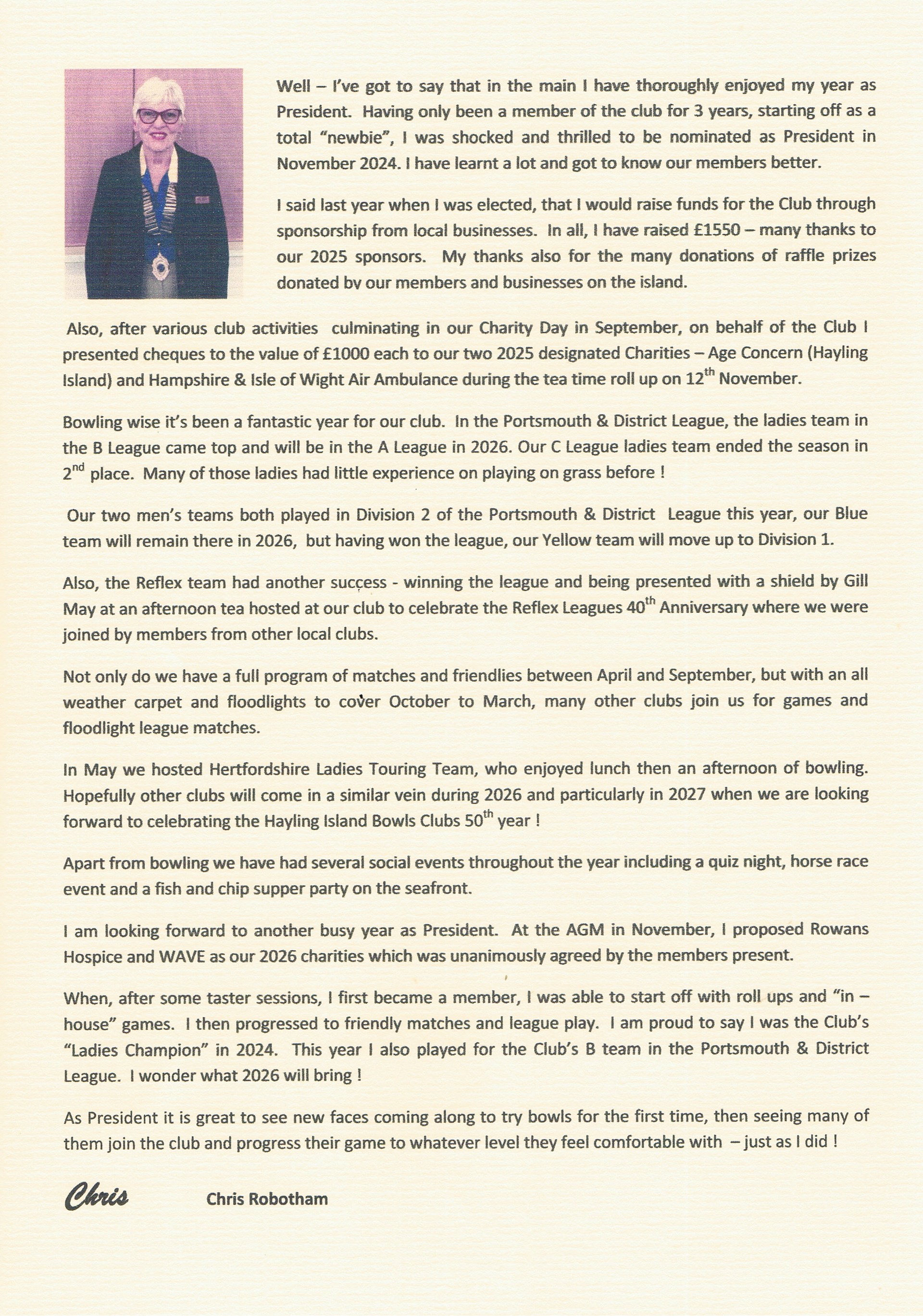 Hayling Island Bowls Club Presidents Message