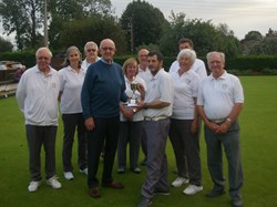 Melton Triples Winners 2019 (L to R) Mike Parkes, Liz Dyer, Brian Snow, Peter Farrow (League organiser) Jeannie Hutton, Richard Lambert, Jonny Abbott, (Captain)Annette Oliver, Jack Warner & John Mitchell