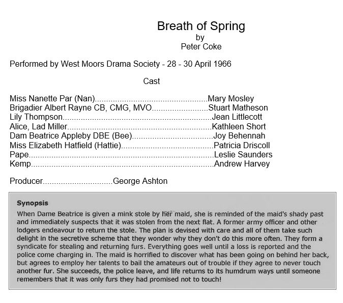 West Moors Drama Society Breath Of Spring - 1966