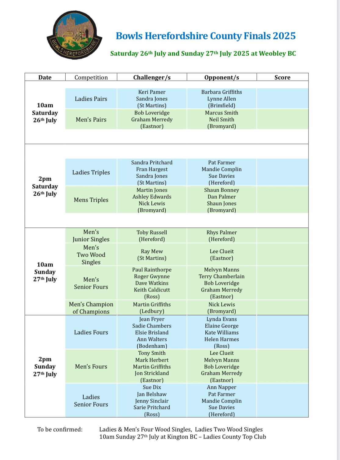 County Final 2025 Schedule by date/time