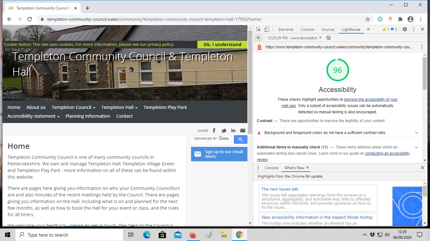 Chrome Lighthouse website accessibility check done 6-8-2020
