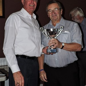 Eastney Bowls Club 2017 Presentation Evening. The President, Roger Wood presenting Bill Pafford with his Winners Trophy and award for the club 2 Wood competition.