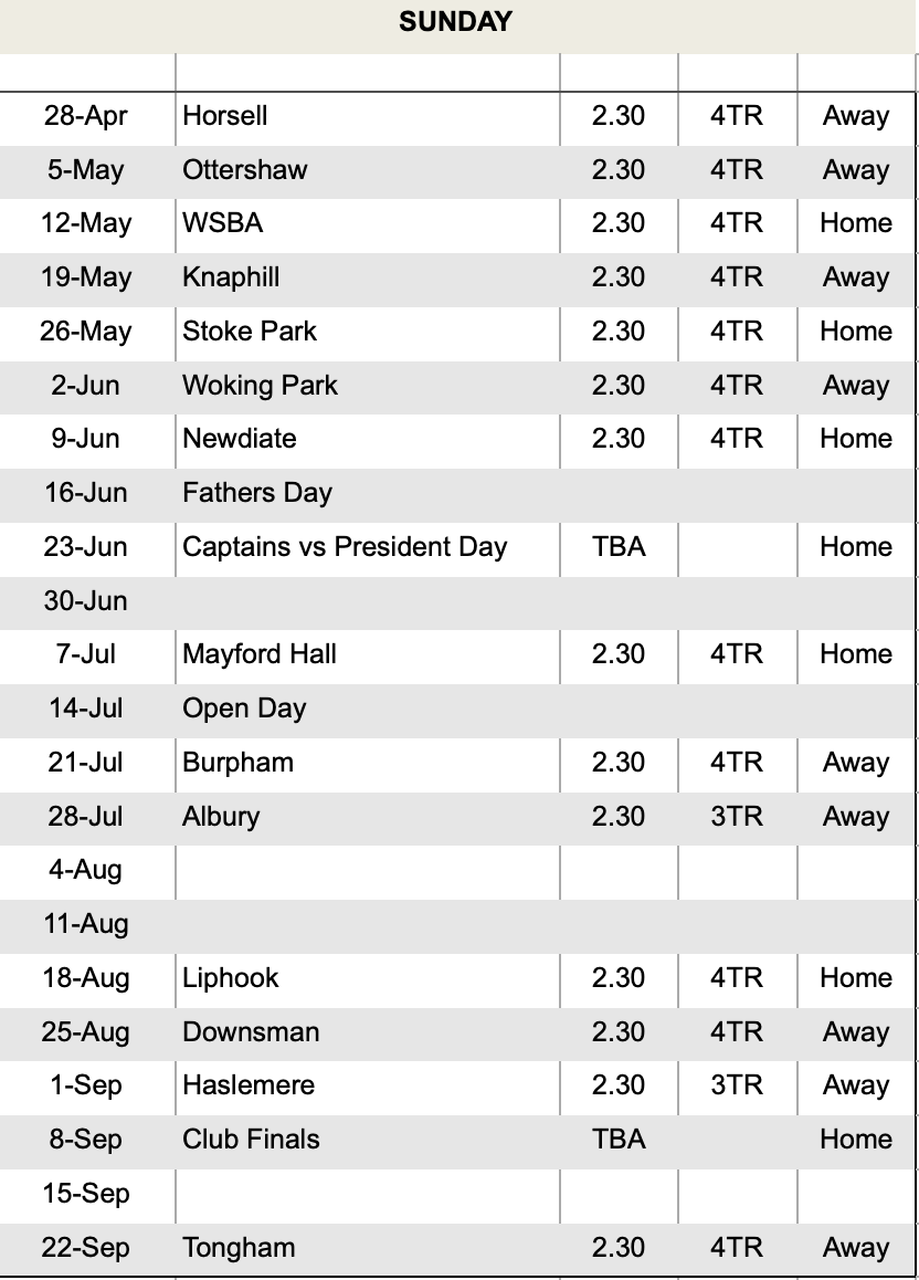 Wonersh Bowls Club Sunday Fixtures