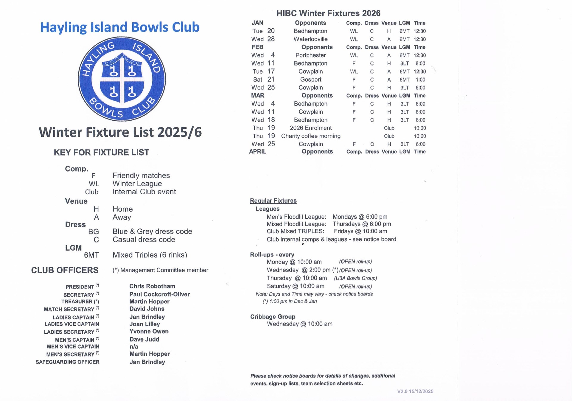 Hayling Island Bowls Club Match Dates