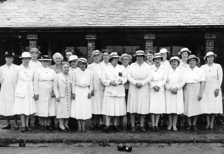 Sudbury Ladies Bowling Club early 1950's: some names are Mrs Stidolf, Mrs Judge, Mrs Galley, Mrs Conroy, Miss Head, Mrs Head, Mrs Bailey, Mrs Watson, & Mrs Lorkin.        Photograph courtesy of Sudbury Museum Trust.