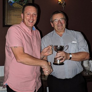 Eastney Bowls Club 2017 Presentation Evening. The President, Roger Wood presenting Steve Randell with his Winners Trophy and award for the club 4 Wood Handicap competition.