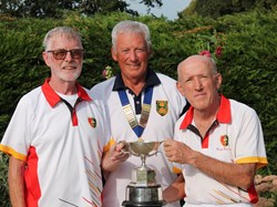 2023 winners Chris Beadle and Roger Banister receive pairs trophy from BDBA President Bob Goodyear