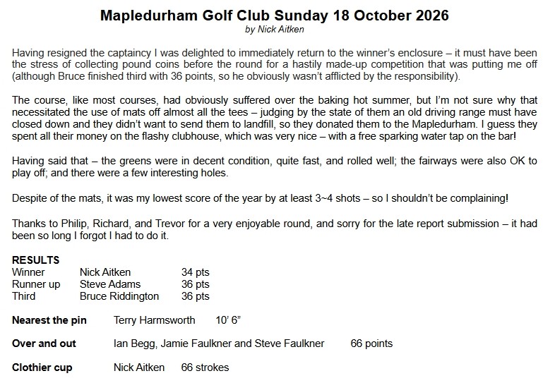 Bracknell Cavaliers Golf Society Mapledurham Sunday 18 October 2026