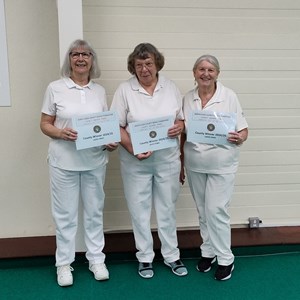 2025 NECBF Ladies Triples Winners, Ros Mortlock, Gillian Barnes & Eileen Parker.