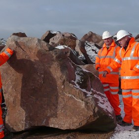 Choosing the stone at the Lafarge quarry, Mount Sorrel, Loughborough