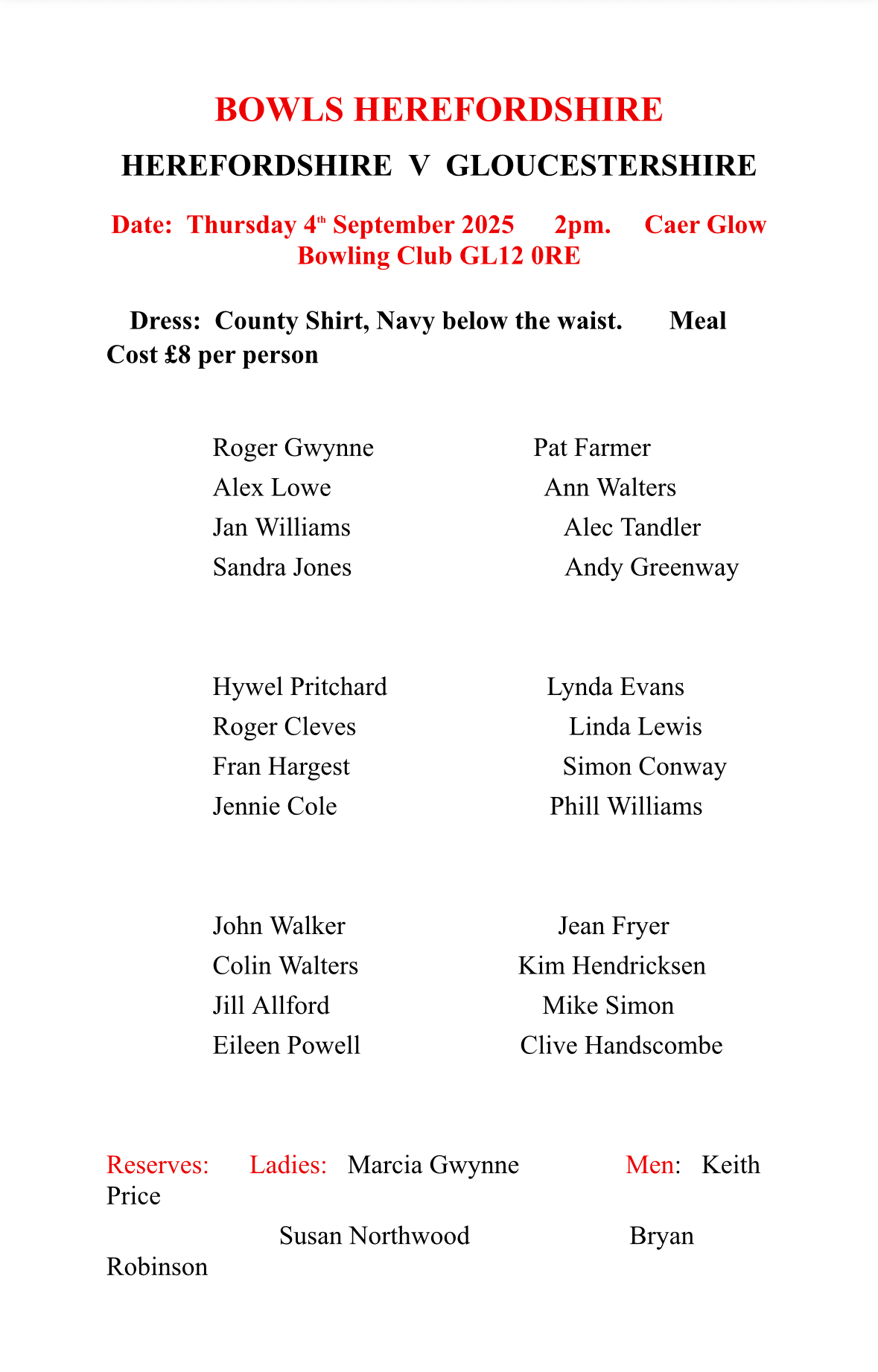 Bowls Herefordshire Mixed County matches