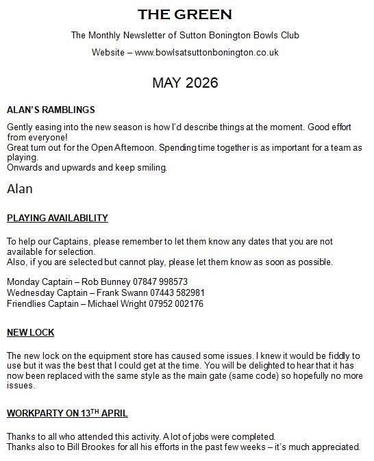 Sutton Bonington Bowls Club Club Newsletters