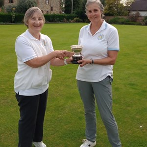 Ladies Club Champion Liz  Dyer on right receiving trophy from runner up Colleen Laker