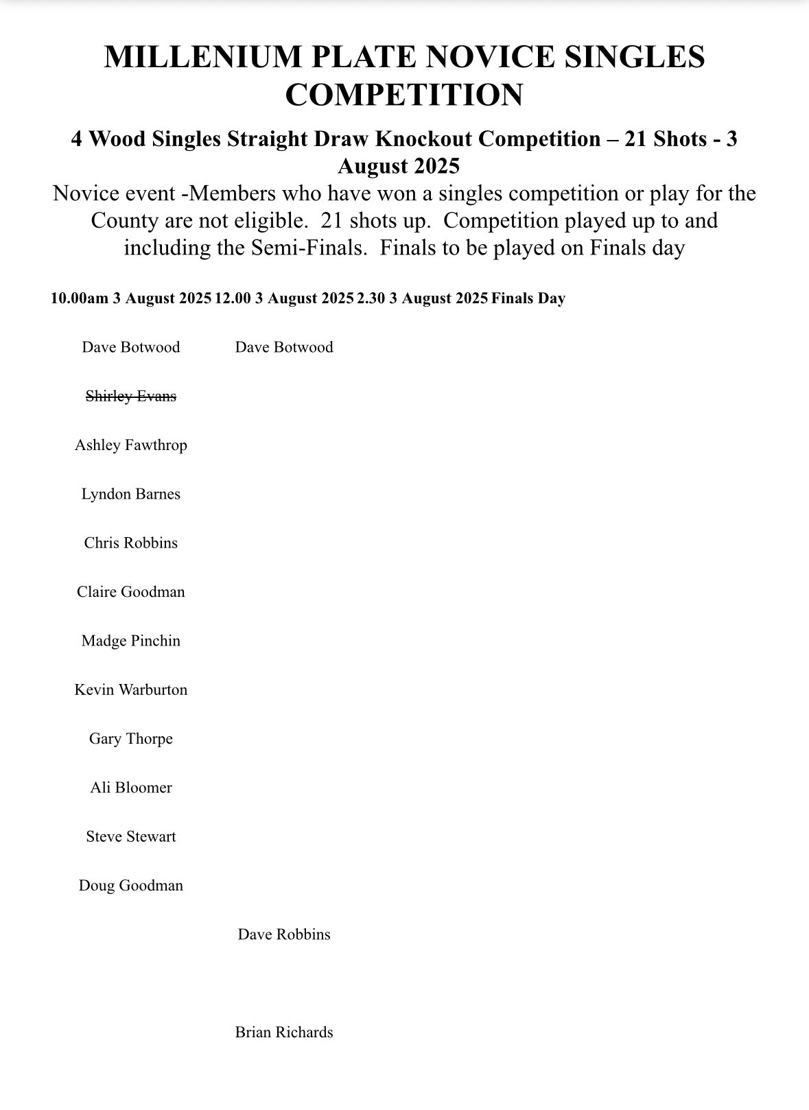 Brimfield and Little Hereford Bowling Club Draw for competitions