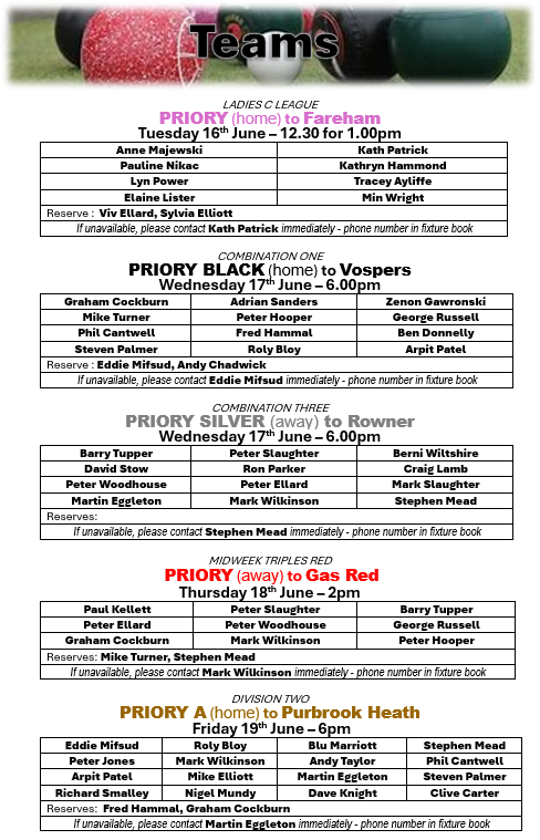 Priory Bowls Club Teams week beginning 15th June