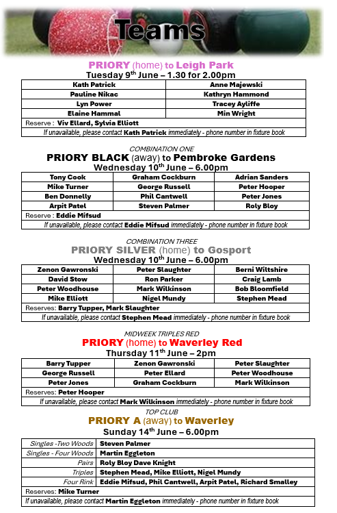 Priory Bowls Club Teams for week beginning: 8th June