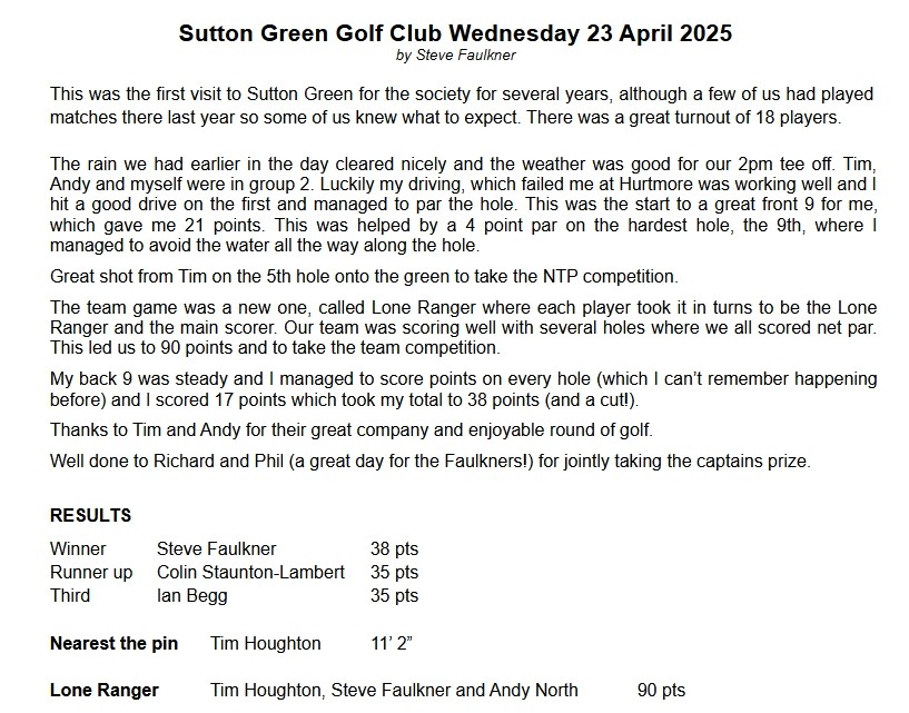 Bracknell Cavaliers Golf Society Sutton Green Wednesday 23 April 2025