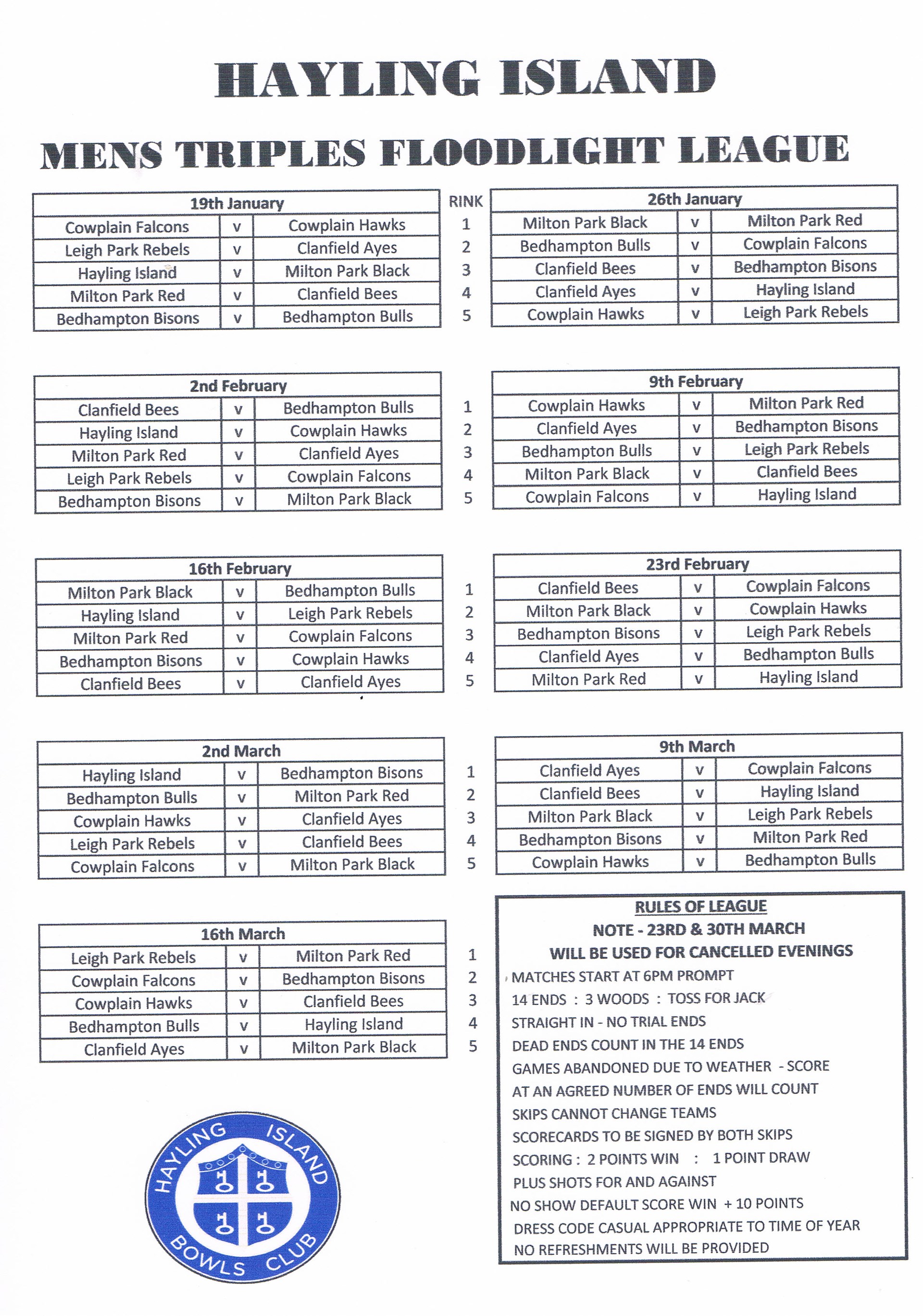 Hayling Island Bowls Club Floodlight Leagues