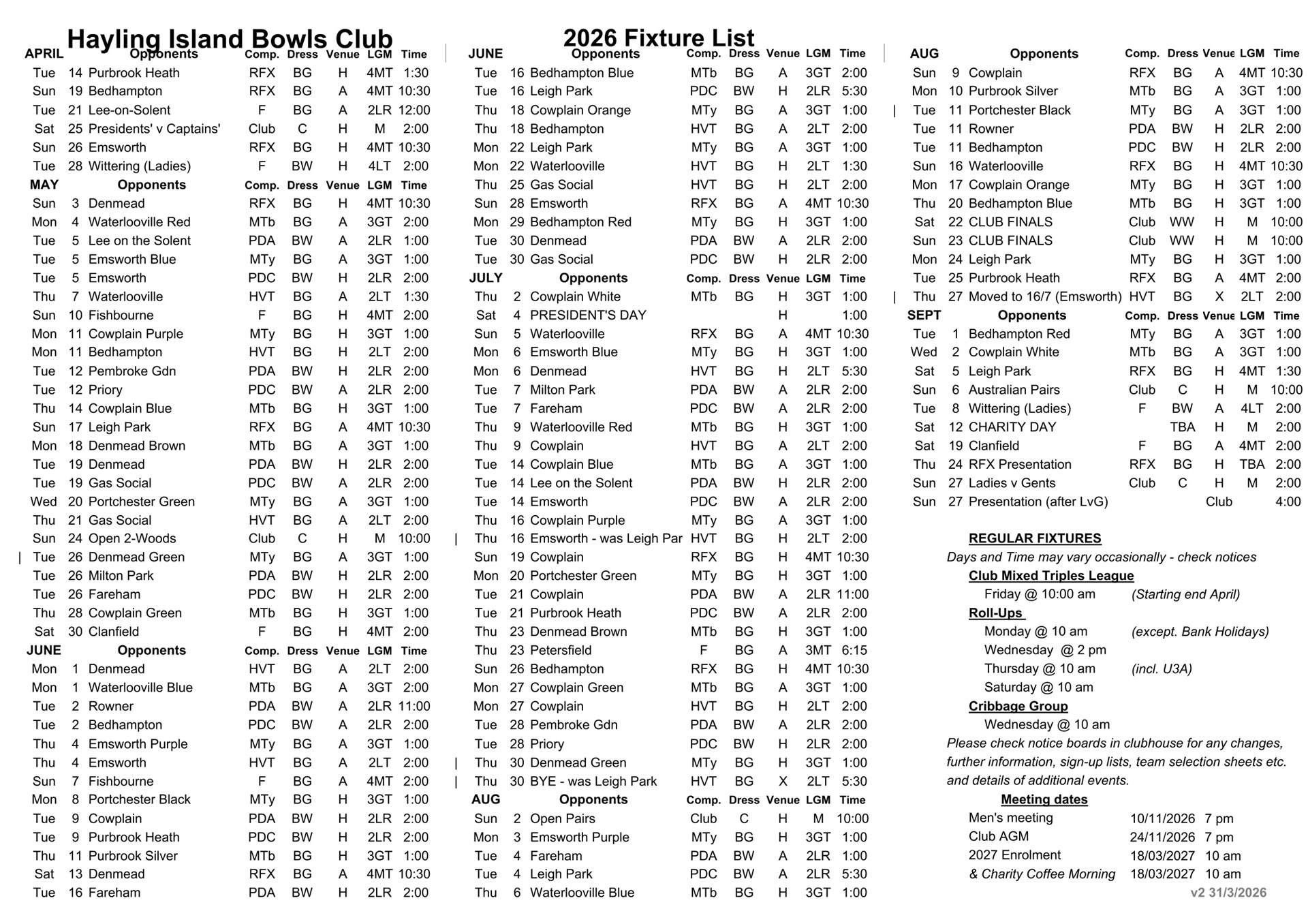Hayling Island Bowls Club 2026 Fixture List