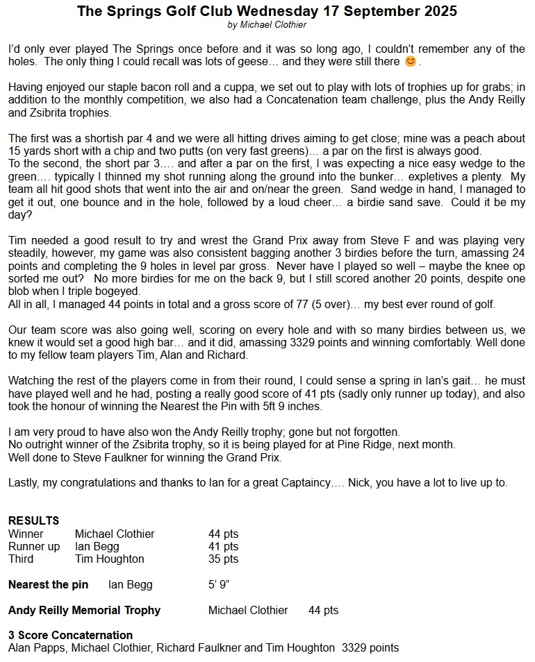 Bracknell Cavaliers Golf Society The Springs Wednesday 17 September 2025
