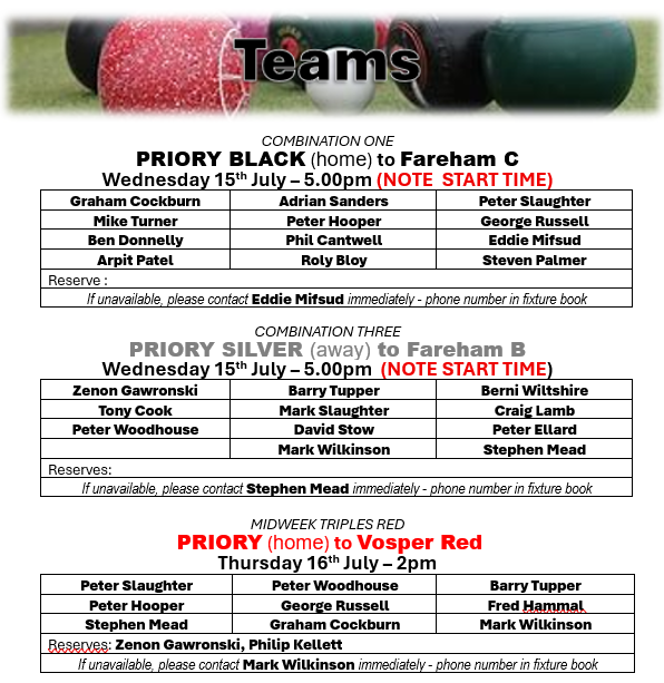 Priory Bowls Club Teams for week  beginning 13th July