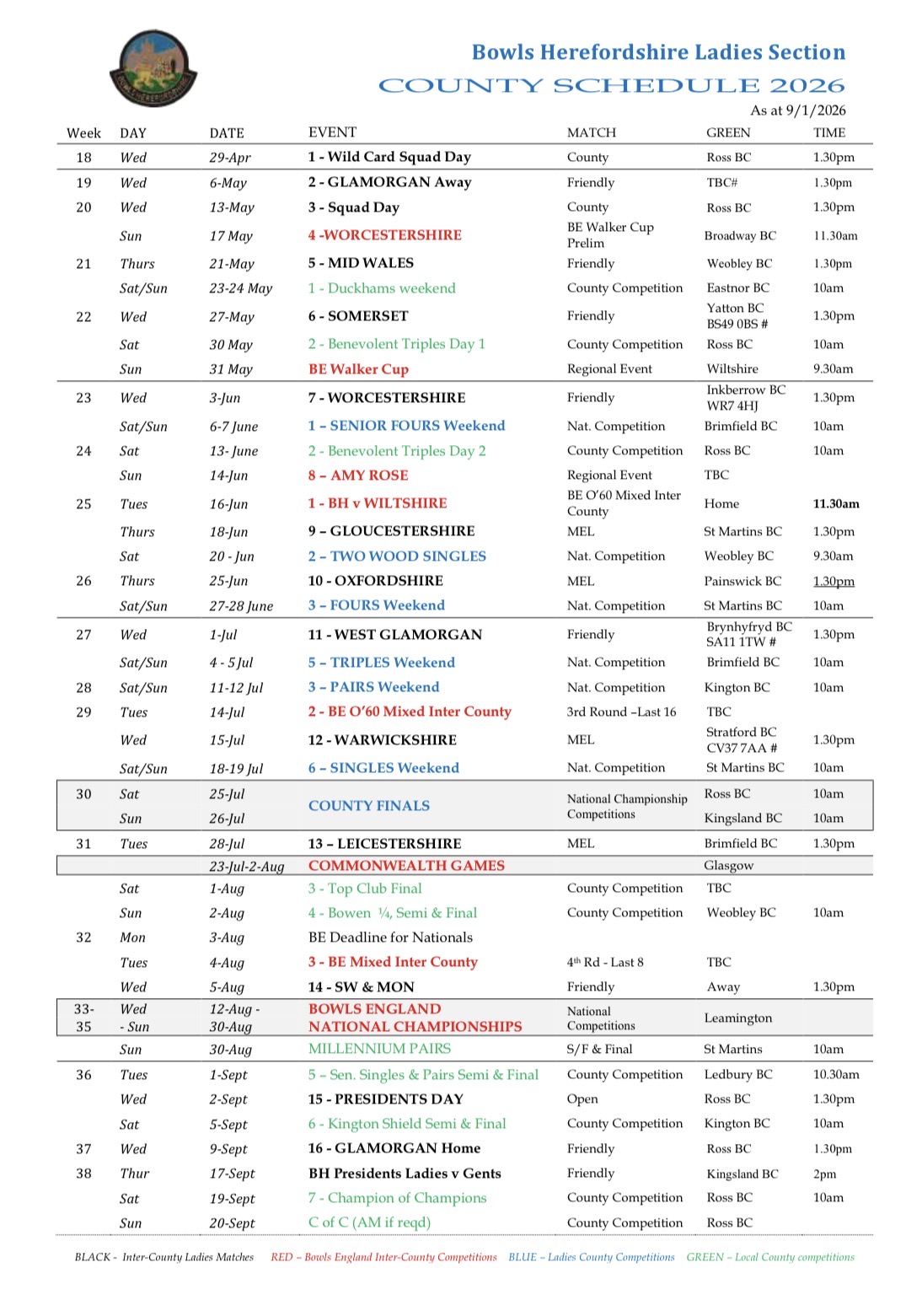 Bowls Herefordshire Ladies County Schedule 2026
