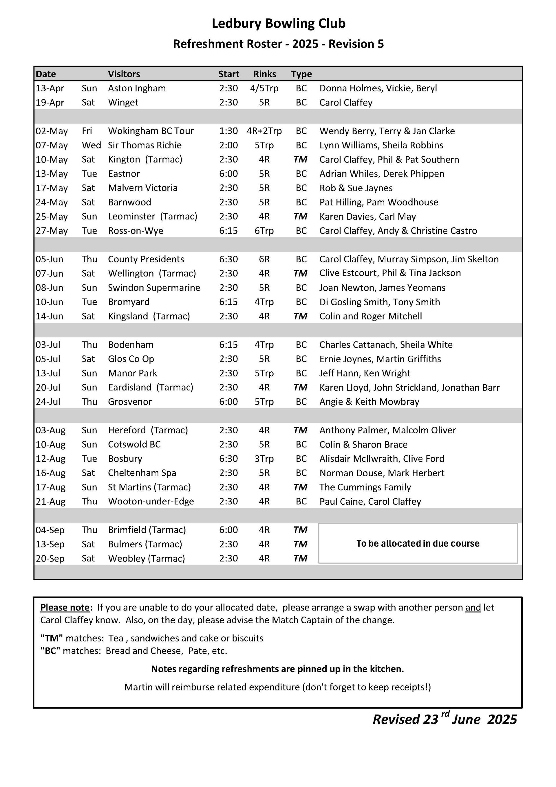 Ledbury Bowling Club Refreshment Roster