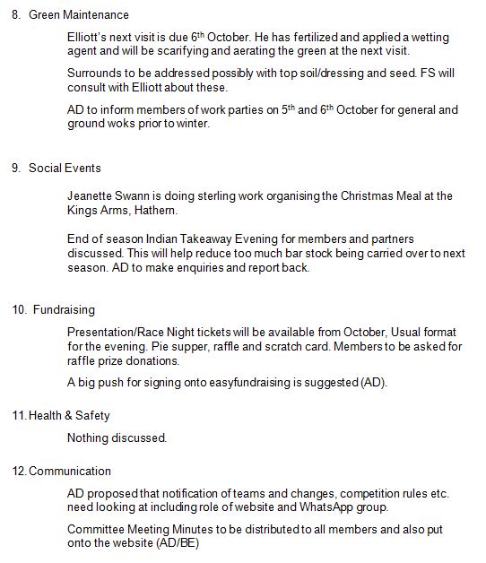 Sutton Bonington Bowls Club Committee Meeting Minutes