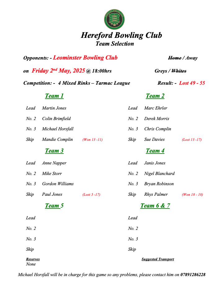 Hereford Bowling Club Leominster - Tarmac League - 02/05/25