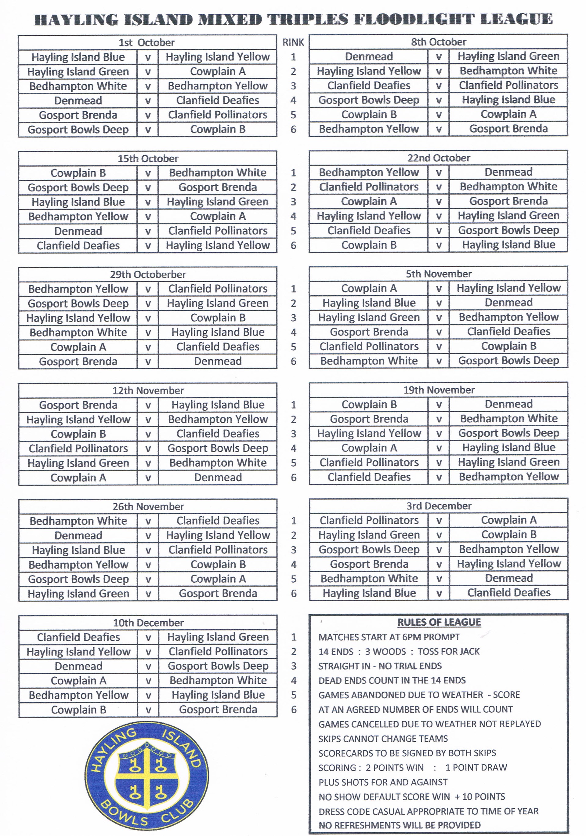 Hayling Island Bowls Club Floodlight Match Schedule