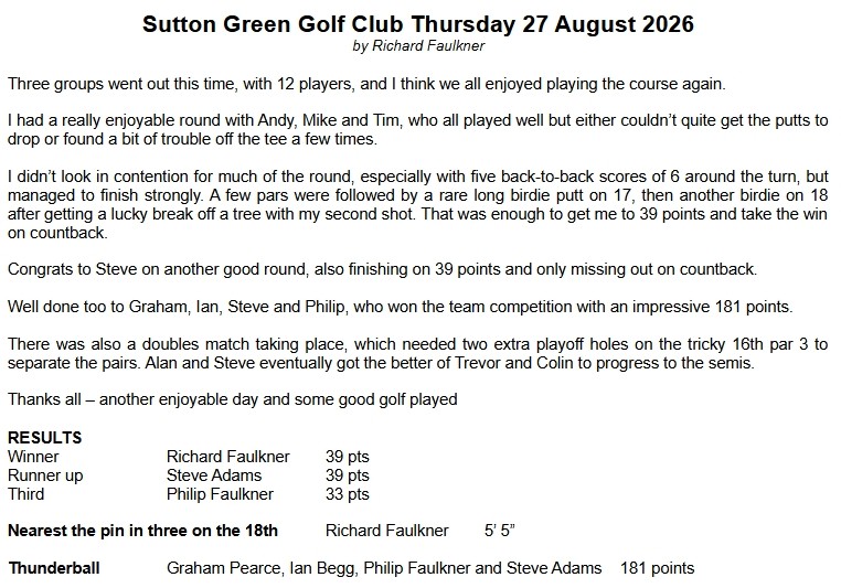 Bracknell Cavaliers Golf Society Sutton Green Thursday 27 August 2026