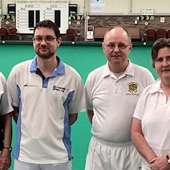 County Indoors Mixed Triples finalists, from the left: Martyn Dolby, Chris Ford, Adam Warrington, John and Moira Holroyd and Kevin Vinter