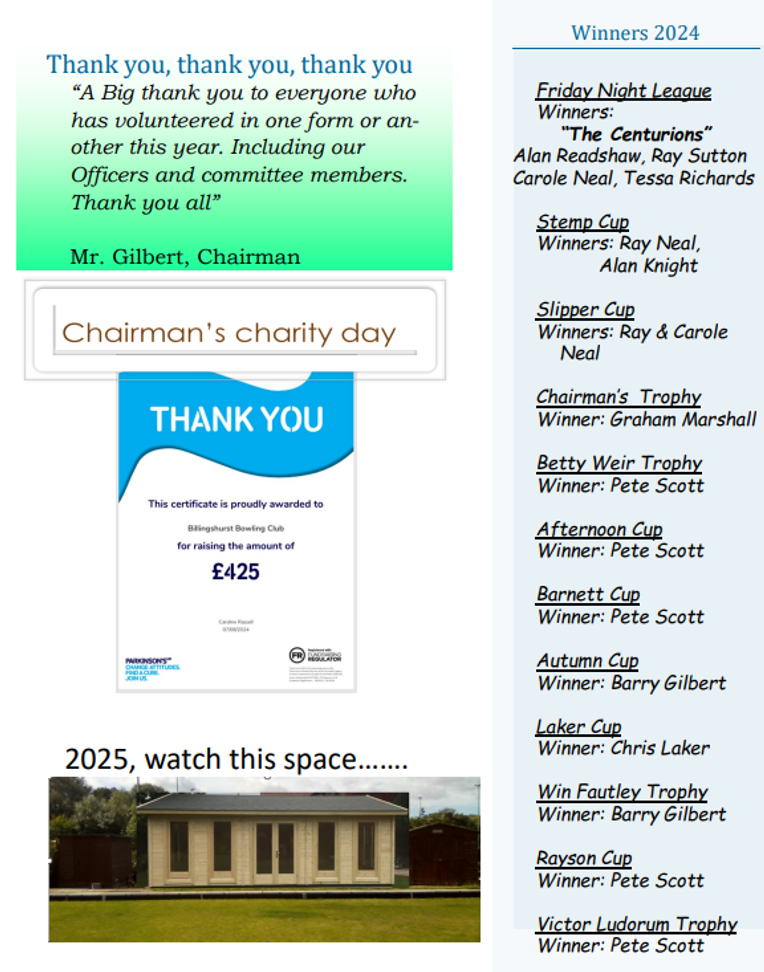 Billingshurst Bowling Club Newsletter November 2024