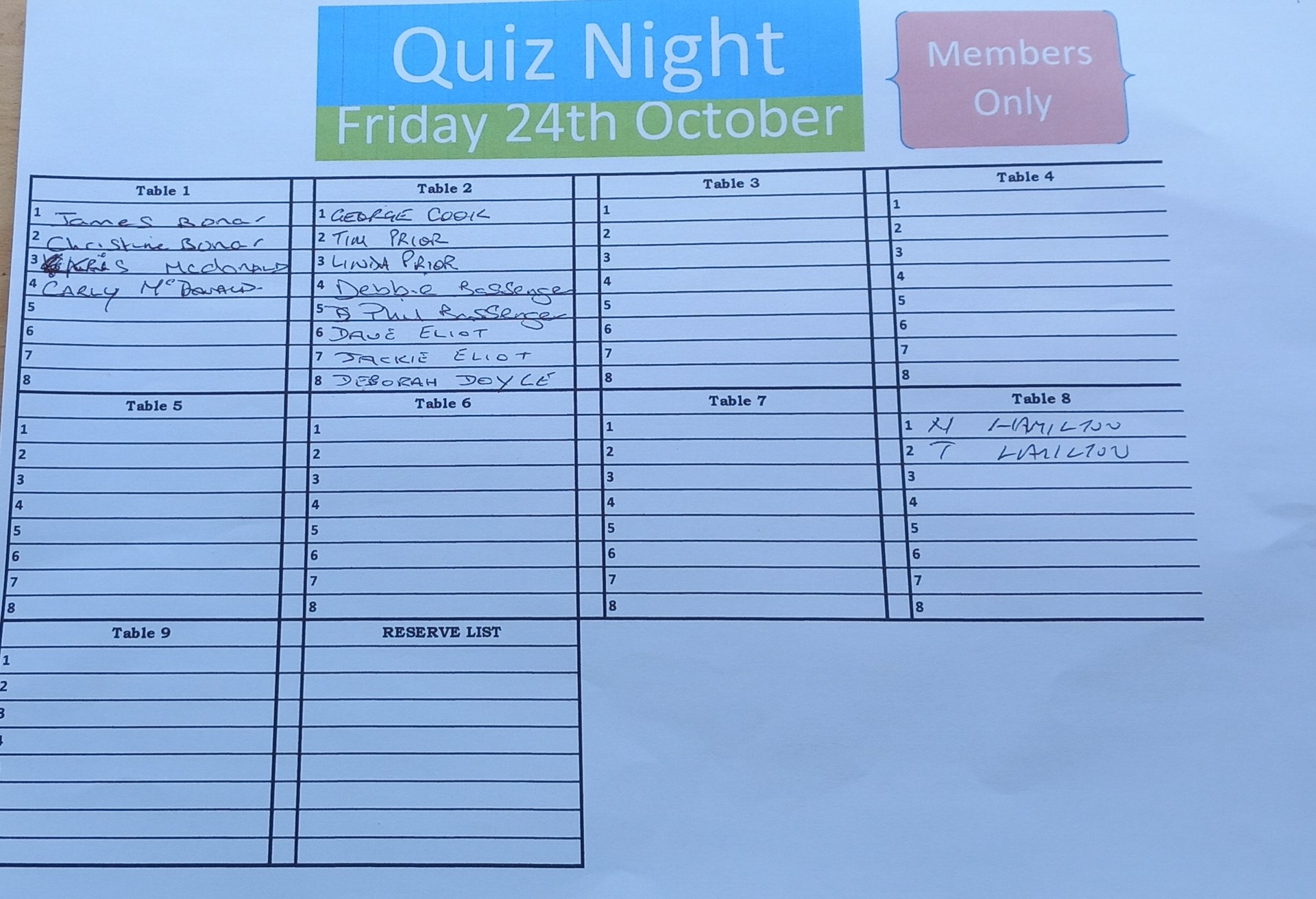 Quiz Night Friday 24th October Quiz Night Friday 24th October
