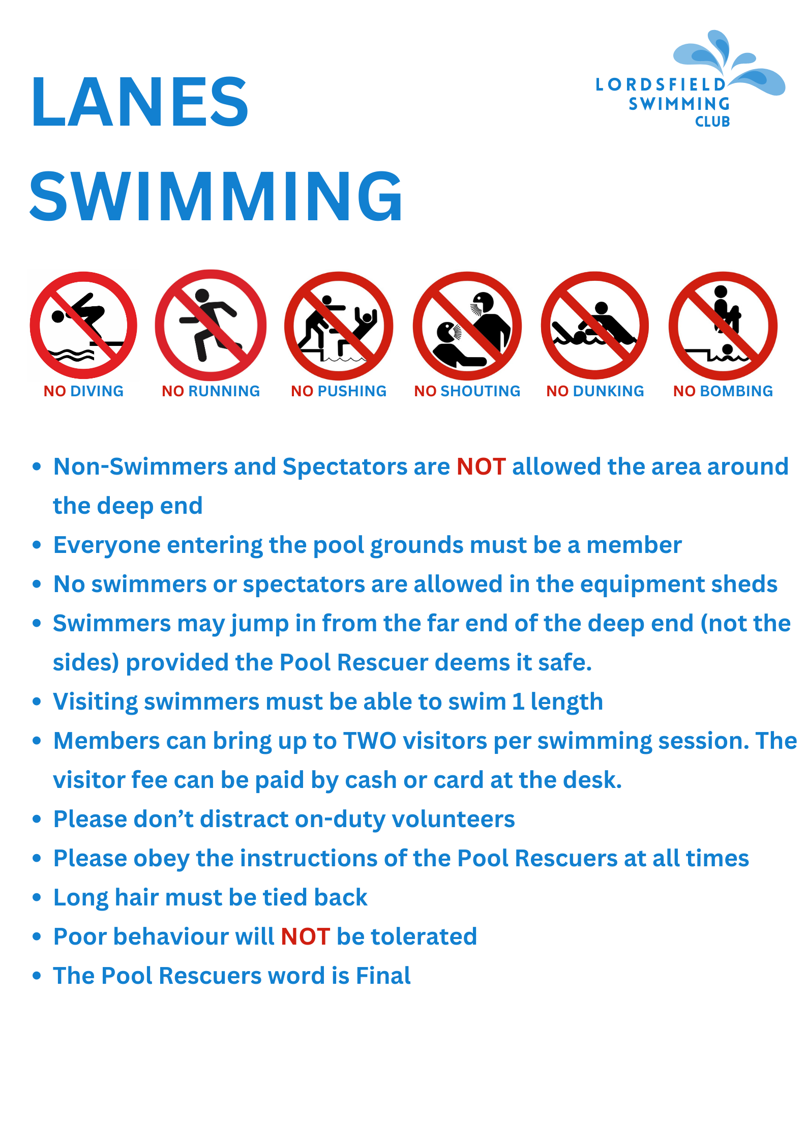 Lordsfield Swimming Club Lanes Swimming Rules